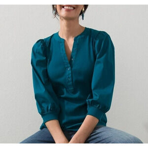 Chico's Rib Knit Puff Sleeve Henley Top Size XL / 3 Deep Teal Heather Stretch